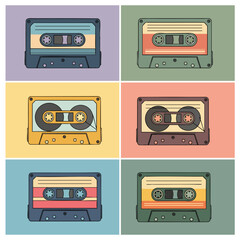 A colorful collection of six retrostyle audio cassette tape illustrations in a grid layout.