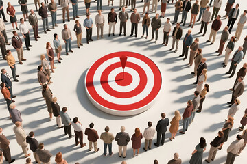 Diverse crowd surrounds a central target, symbolizing collective goals, teamwork, focus, and shared objectives in business strategy.