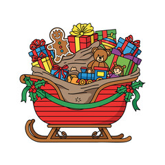 A red cartoon sleigh overflowing with Christmas presents classic toys and a gingerbread man.