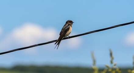 Bird perched on power line against blue sky background