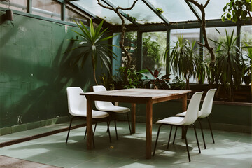 Obraz premium Empty, bright greenhouse dining space with a wooden table and white chairs surrounded by lush green plants and natural light.