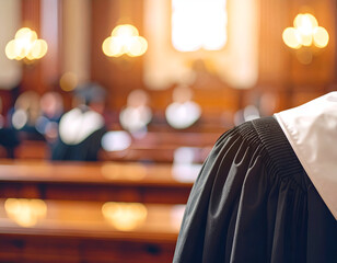 A person in a black robe and white collar in a formal setting, possibly a courtroom or academic ceremony, with blurred lights in the background.