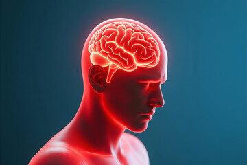 Obraz premium Human head with glowing brain, symbolizing thought, intelligence, pain, or neurological activity. Medical, scientific, AI, and mental health concept.