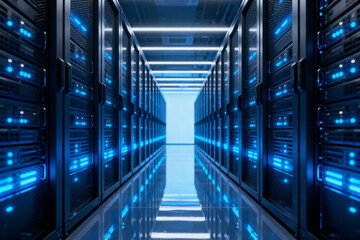 High-tech server room with glowing racks and organized cabling, showcasing precision, order, and modern data center infrastructure for cloud computing, digital storage, and network operations.