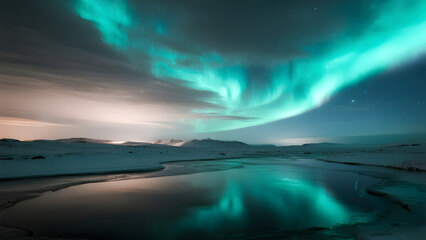 Northern lights over frozen lake