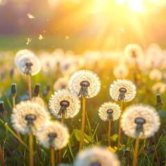 Sunlit field of dandelions