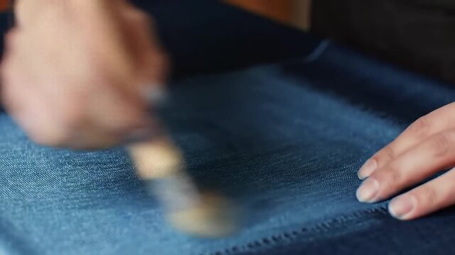 Close Up Of Artisan Brushing Dark Blue Denim To Remove Residue With Hand And Classic Brown Wooden Brush And Neutral Lighting And Traditional Denim Making Process 190 Character