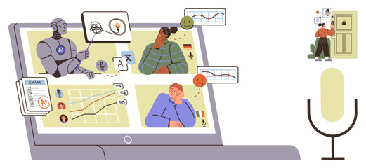 Robot teaching students on laptop screen with charts, tests, expressions, and a microphone. Ideal for e-learning, education, AI assistance, technology, remote study communication simple flat