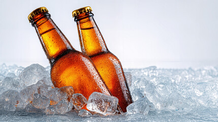 Two cold beer bottles covered in condensation getting refreshed in ice