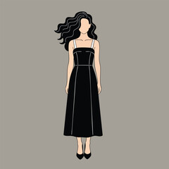 Elegant faceless woman with long wavy black hair wearing a stylish black midi dress.