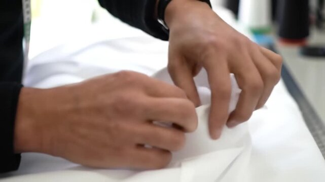 Close Up of Hands Aligning a White Collar onto a Shirt Body on Table Under Bright Studio Lights a Black Top and Watch Sewing and Adjusting a White Shirt Collar by Hand 190 characters
