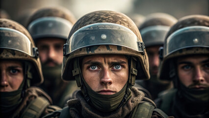 Troop formation shows strength and unity. Soldiers in helmets display determination and focus in a tense military environment.