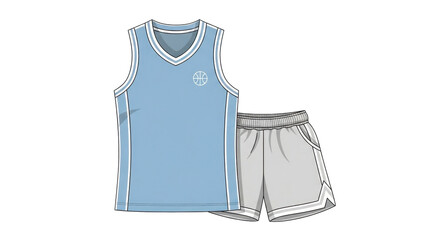 Light blue basketball jersey and gray shorts with white trim, presented on a white background.