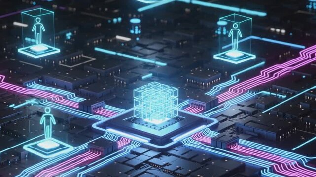 Futuristic digital network with glowing holographic human icons connected through central data processor on circuit board. Virtual communication and artificial intelligence system concept. Design for 