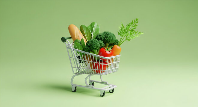 Shopping cart filled with fresh vegetables and bread on a green background promoting healthy eating habits