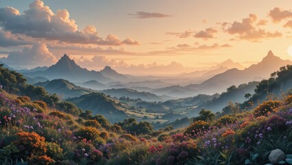 Stunning Sunset Over Lush Valley Surrounded by Majestic Mountains and Colorful Wildflowers