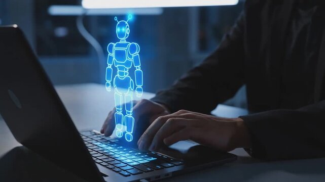 Man sitting at desk interacting with humanoid robot hologram projected from laptop. Futuristic artificial intelligence and human-computer interaction concept. Design for banner, poster, header, wallpa