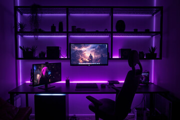 Modern gaming setup featuring dual monitors on large desk, ergonomic chair positioned in front, purple LED lighting illuminating shelves with decorative objects and plants