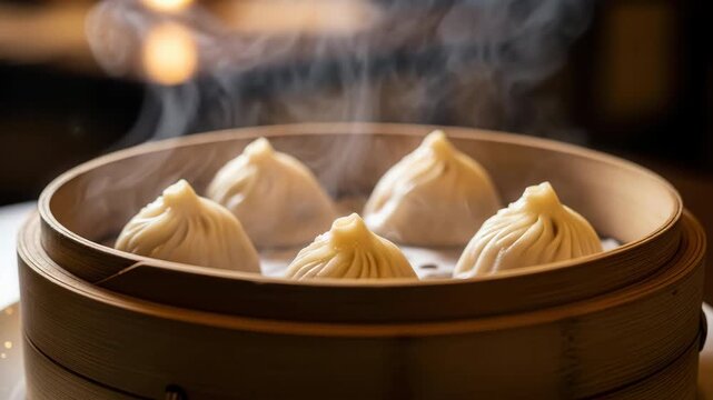 Steaming hot soup dumplings in a bamboo steamer basket ready to be enjoyed as a delicious meal