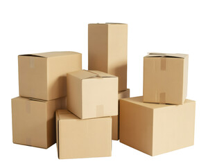 Stacked cardboard moving boxes ready for transport, storage, or shipping, symbolizing relocation and logistics solutions.