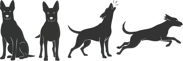 Four silhouettes of a dog in various poses: sitting, standing, howling, and running.