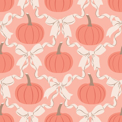 Pumpkins with pink bows seamless pattern. Halloween vegetable design retro style. Fall harvest season repeatable and printable background