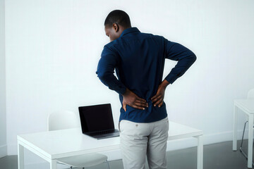 Medical Illnesses and Ailments – Black middle-aged man holding his lower back, suffering from chronic or acute lumbar pain at work