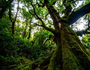 Lush rainforest canopy, towering tree