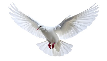 Obraz premium A pristine white bird with fully outstretched wings, in mid-flight against a clean white backdrop, showcasing graceful movement