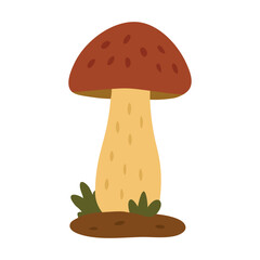 Vector illustration of single autumn mushroom with brown cap, flat style, isolated decorative element.