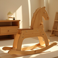 a wooden rocking horse, pine, natural, slightly worn, in a child’s playroom, side view, warm lamp light, 4 k, gentle shadows