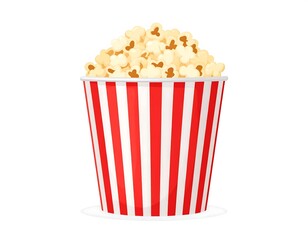 A cartoonish depiction of popcorn in a red and white striped container