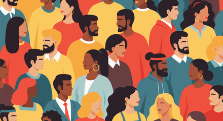 A vibrant illustration of a diverse, multi-ethnic crowd, depicting men and women in a modern, flat design