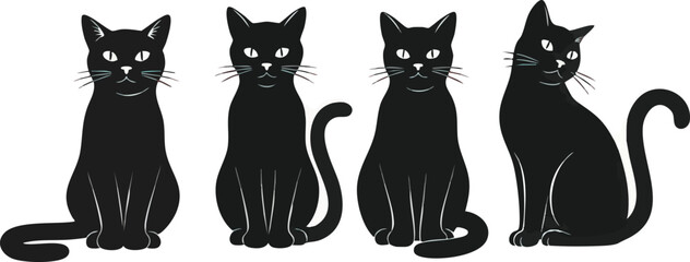 Obraz premium Four stylized black cats in various sitting poses, with whiskers and tails.