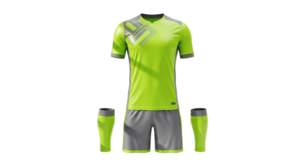 A complete lime green and grey soccer uniform with jersey, shorts, and socks isolated on a white background.
