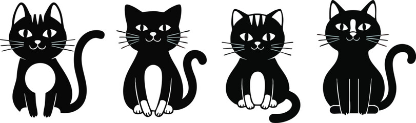 Four stylized black cats in various poses, with white accents and whiskers.