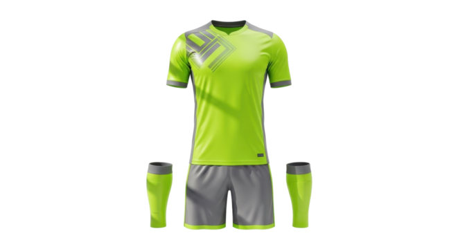 A complete lime green and grey soccer uniform with jersey, shorts, and socks isolated on a white background.