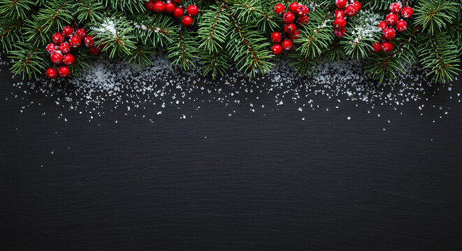A moody and elegant holiday background. Features a festive top border of green fir or pine branches, red holly berries, and snowflakes on a dark, textured black slate surface.