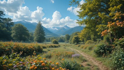 Vibrant Meadow with Colorful Flowers and Majestic Mountains Under a Blue Sky