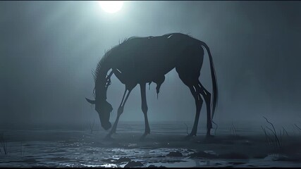 Halloween concept: A creepy surreal ghost horse walking among fog