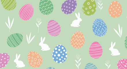 Colorful Easter eggs and white bunny silhouettes create a cheerful seamless pattern on a light green background