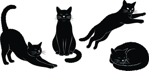 Four black cats in various poses, including stretching, sitting, jumping, and curled up.