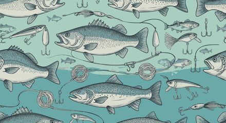 Seamless vintage-style pattern featuring detailed illustrations of various fish species like bass and trout, intertwined with fishing lures and hooks on a mint background