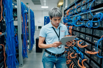 Asian young adult man inspecting server racks while holding digital tablet in data center, focusing on monitoring equipment and managing network cables in professional environment