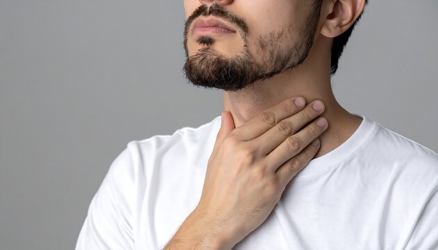 A medium shot of a man, clad in a white shirt, touching his neck with his hand, against a plain gray background