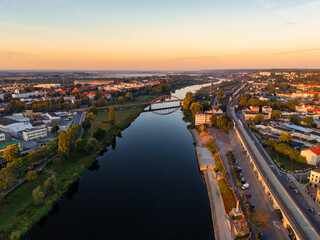 Aerial drone view of The old railway bridge over the Warta River in Gorzow Wielkopolski	
