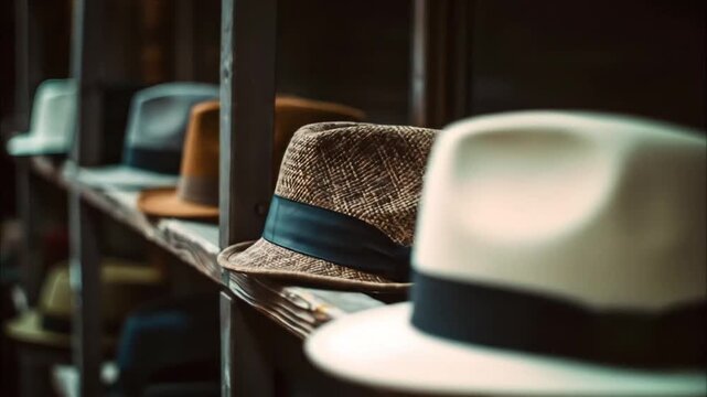 A row of fedora hats in varying colors displayed on a wooden shelf in a dimly lit setting indoors