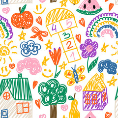 Kids doodle seamless pattern with playful hand drawn elements. Cute naive vector illustration with rainbow, sun, clouds, houses, flowers, fruit, stars, hearts and hopscotch. Perfect for fabric design.