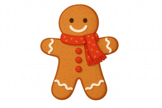 Gingerbread man cookie wearing red scarf, smiling gingerbread character, christmas holiday dessert baking food concept