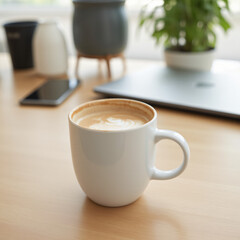 a stainless‑steel coffee mug, white ceramic with matte finish, half‑filled with latte art, on a light oak desk, soft natural window light, 8 k, shallow depth of field, “coffee, work‑from‑home, beverag